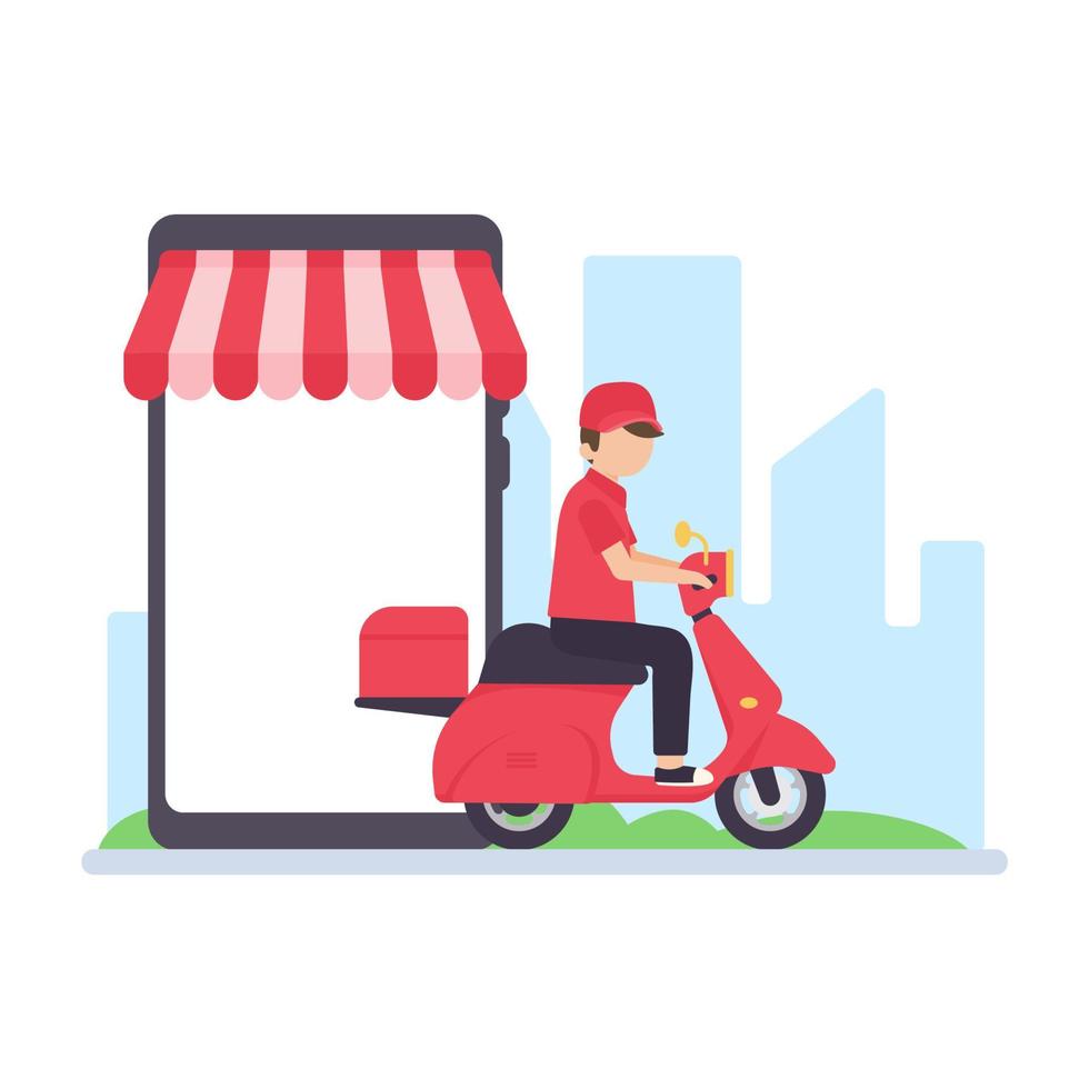 The delivery driver drives through a mobile phone with a map screen. online food delivery concept vector