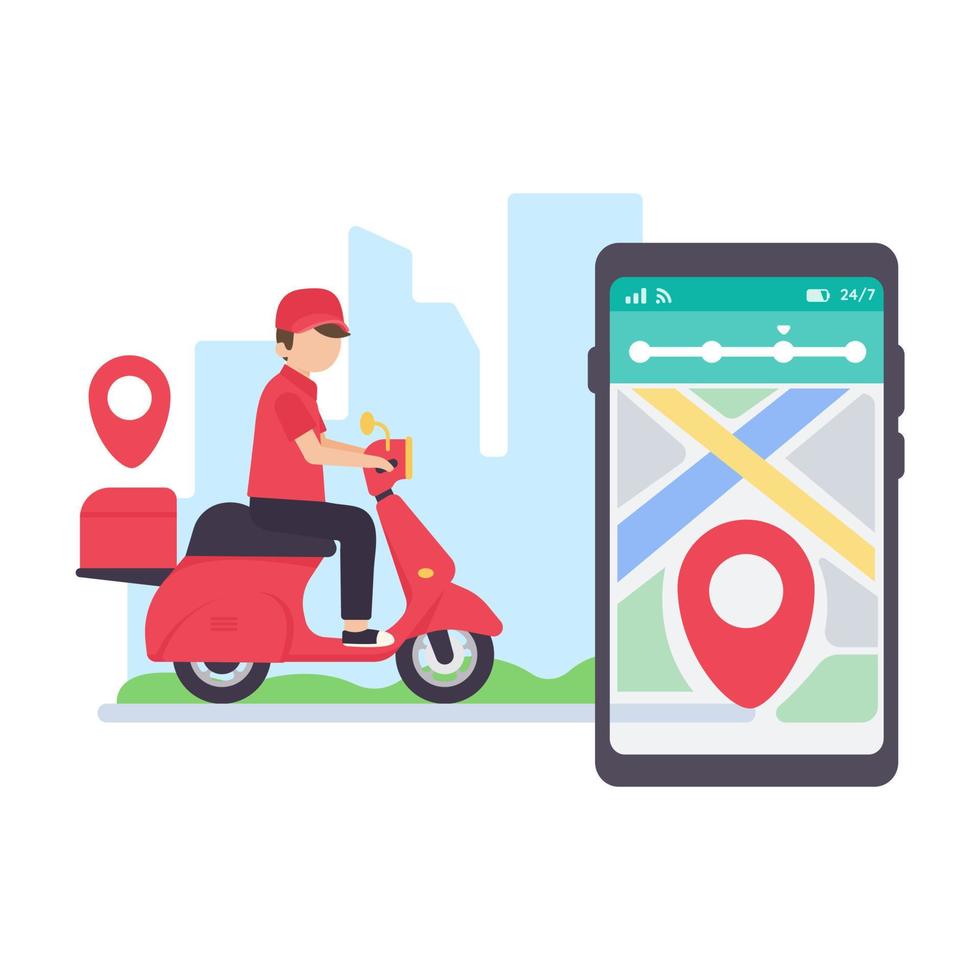 The delivery driver drives through a mobile phone with a map screen. online food delivery concept vector