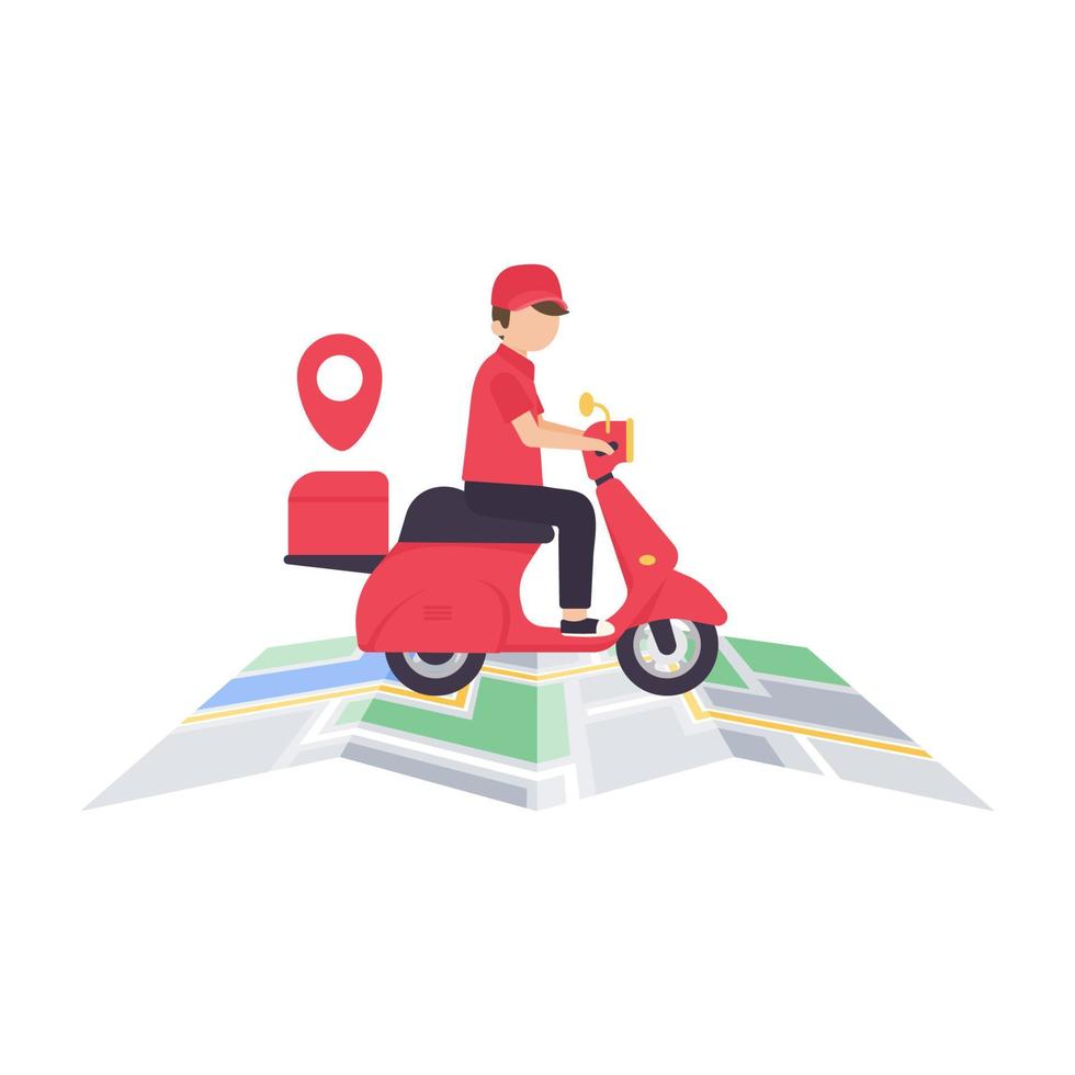 The delivery driver drives through a mobile phone with a map screen. online food delivery concept vector