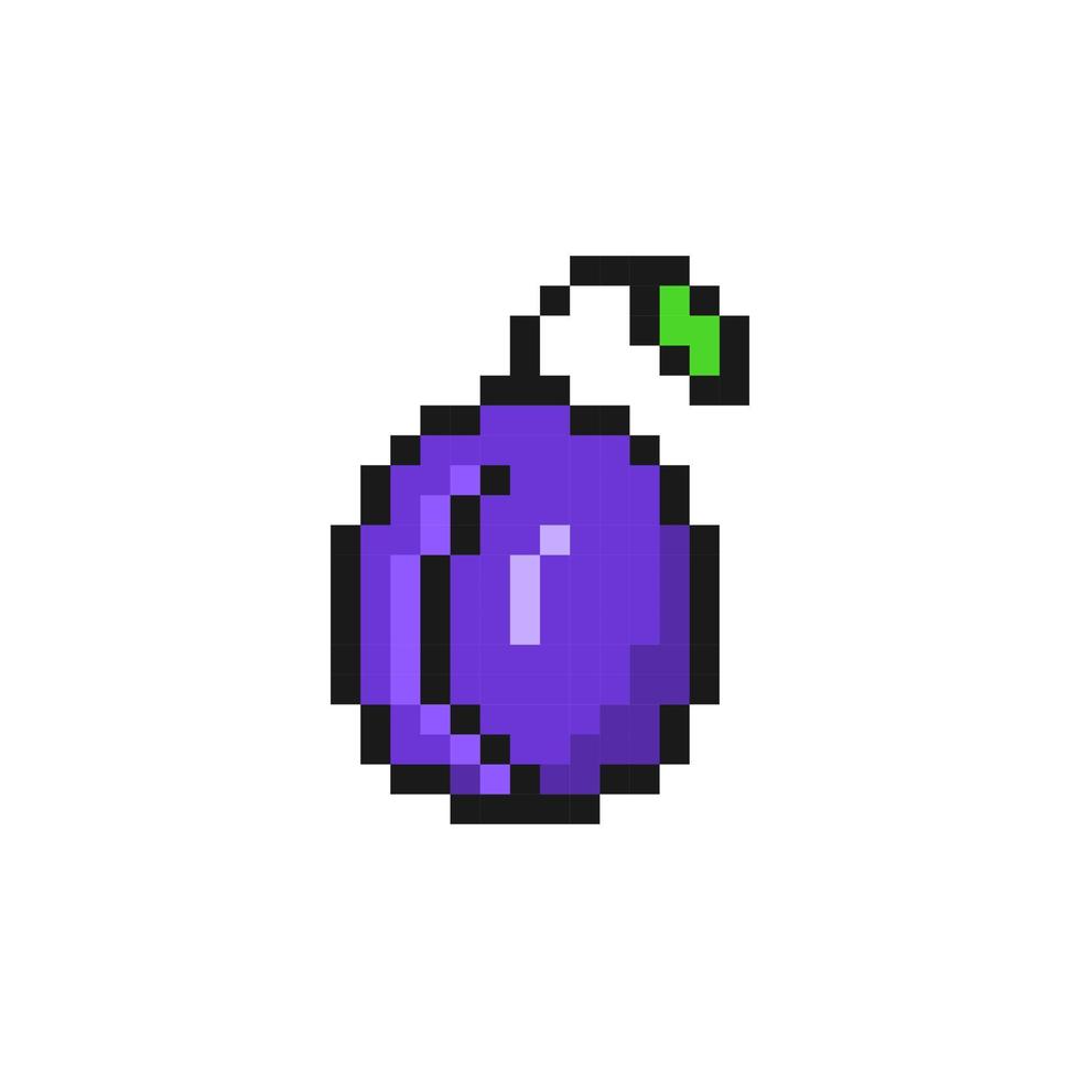 Purple pixel plum. Sweet blue fruit with green leaf fresh tasty dessert with rich flavor and color for 8bit vector game design