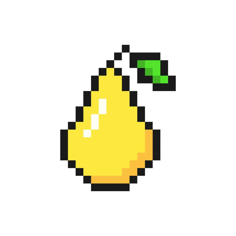 pera de píxel amarillo. dulce fruta vitamínica con hoja verde postre fresco y sabroso con rico sabor y color para el diseño de juegos vectoriales de 8 bits vector