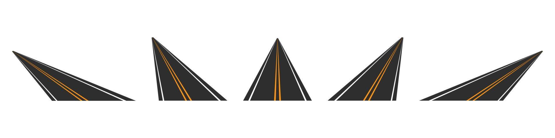 carreteras rectas en diferentes direcciones. carretera en blanco con asfalto negro y líneas amarillas. rayos suaves de traza divergentes en cinco direcciones vectoriales vector