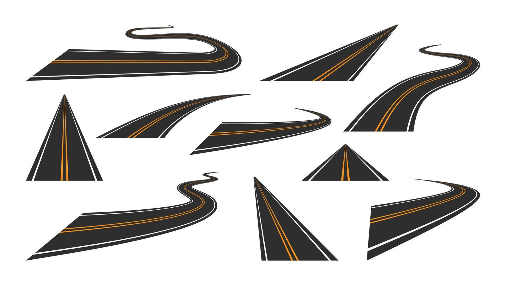 Straight and winding roads set. Empty highway with black asphalt and yellow marking lines. Leaving exactly into distance and with sharp vector turns