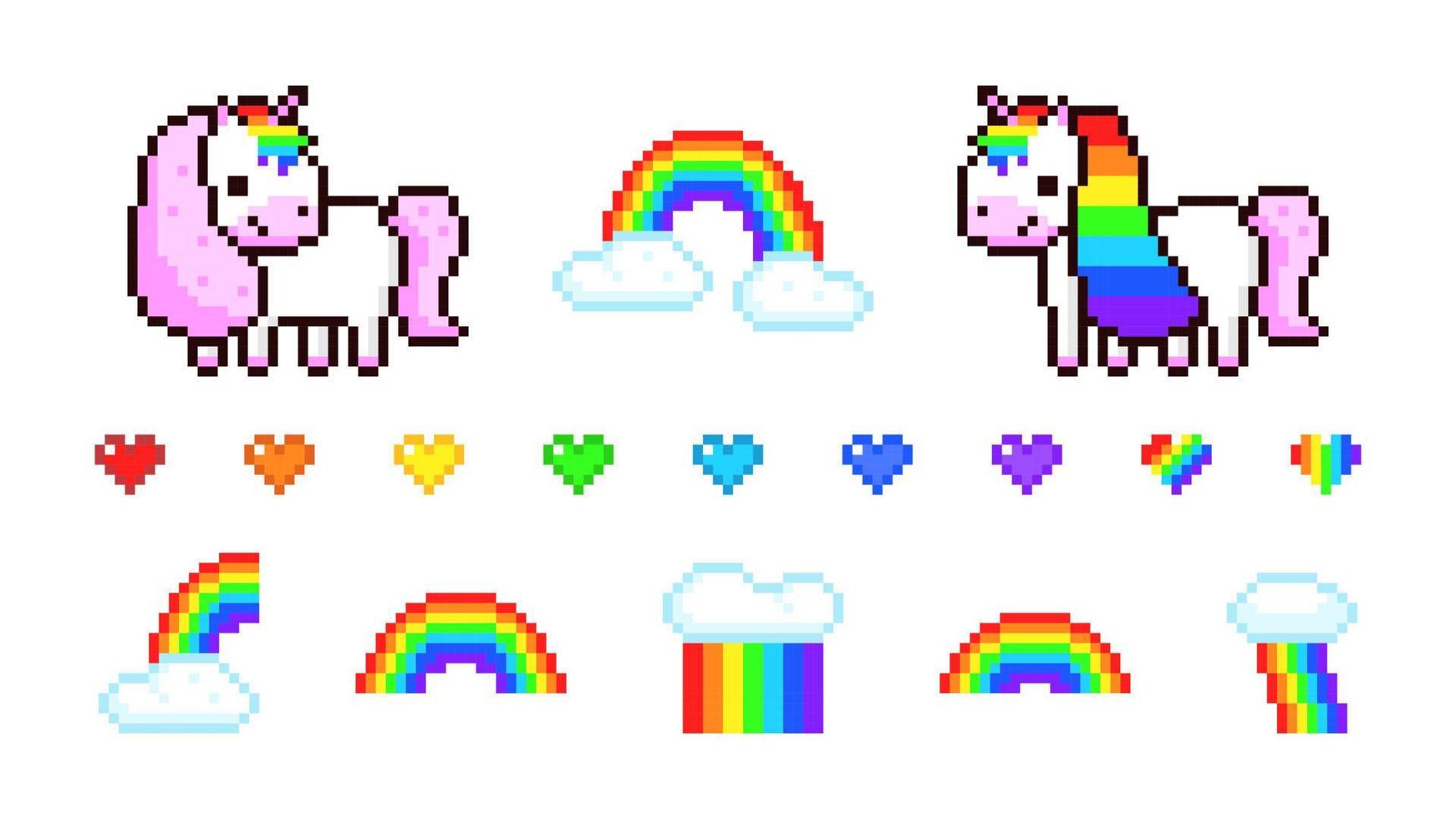 Pixel unicorns and rainbows set. Cute mythical ponies with colorful hearts and clouds. Joyful childish design and characters for 8bit vector game