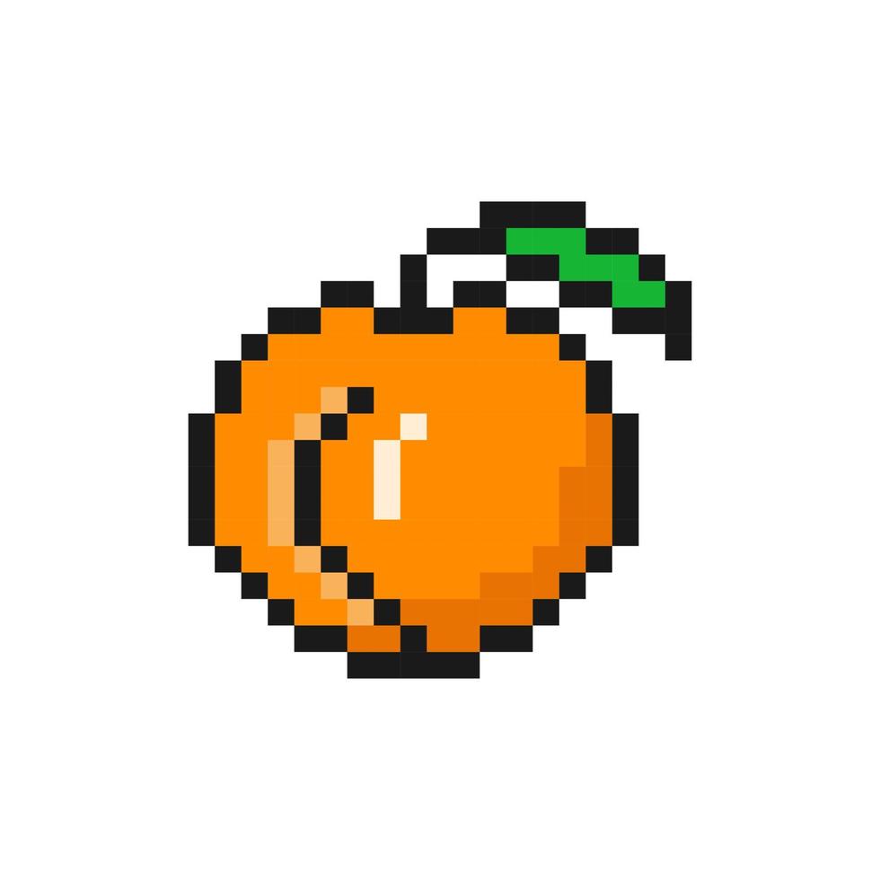 melocotón naranja pixelado. fruta dulce madura con postre sabroso tropical de hoja verde con sabor exótico para el diseño de juegos vectoriales de 8 bits. vector