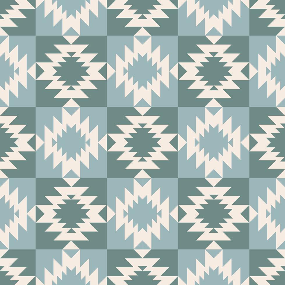 Native aztec geometric shape blue green checkered color seamless pattern background. Use for fabric, textile, interior decoration elements, upholstery, wrapping. vector