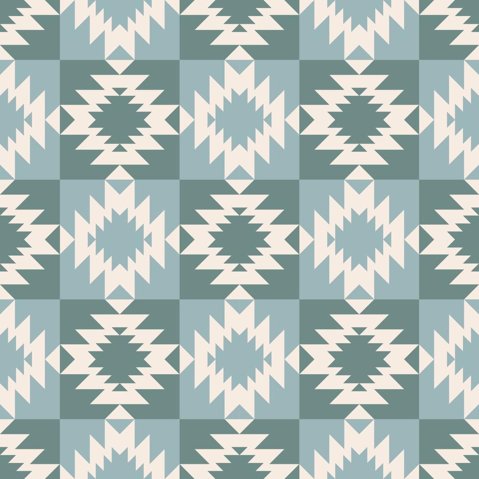 Native aztec geometric shape blue green checkered color seamless pattern background. Use for fabric, textile, interior decoration elements, upholstery, wrapping. vector