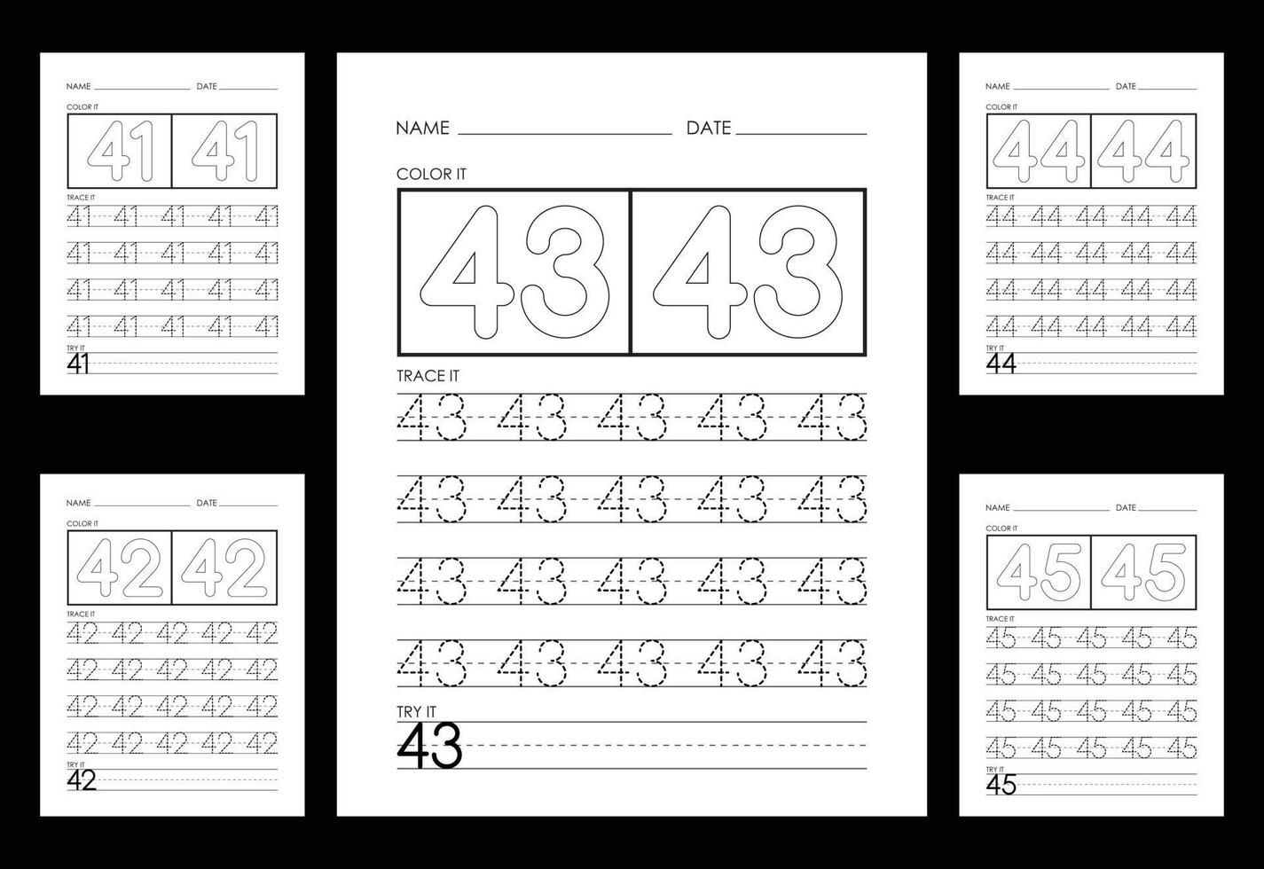 Tracing And Coloring Numbers Worksheets Learn Numbers. vector
