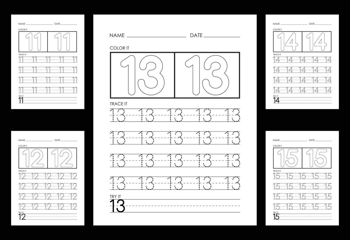 Tracing And Coloring Numbers Worksheets Learn Numbers. vector