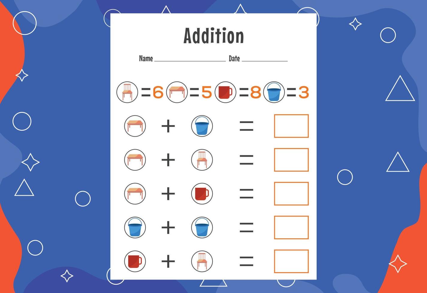 Addition with different elements for kids. An educational page for kids. Vector design