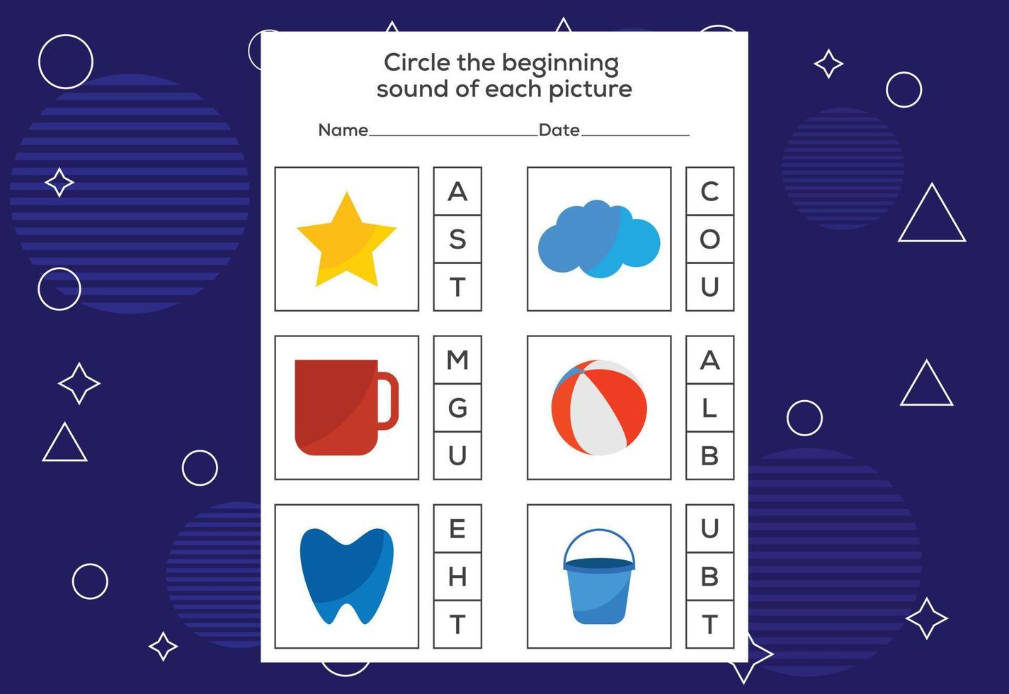 Circle the beginning sound of each picture. Educational game for kids vector