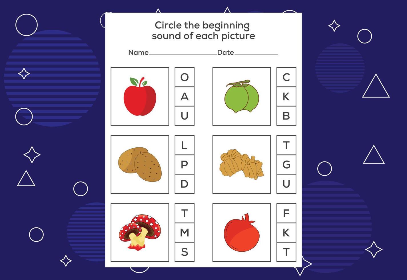 Circle the beginning sound of each picture. Educational game for kids vector