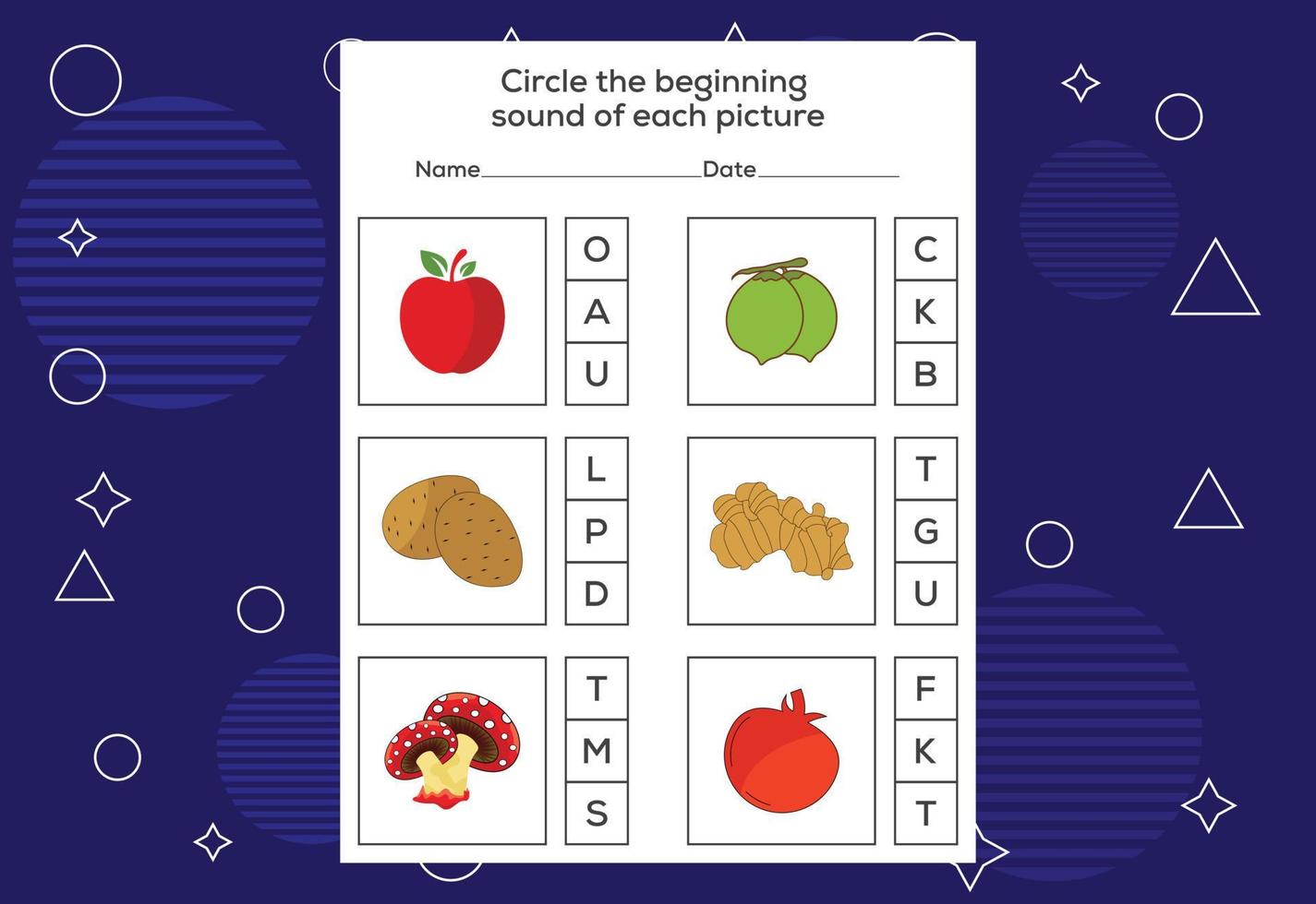 Encierra en un círculo el sonido inicial de cada imagen. juego educativo para niños vector