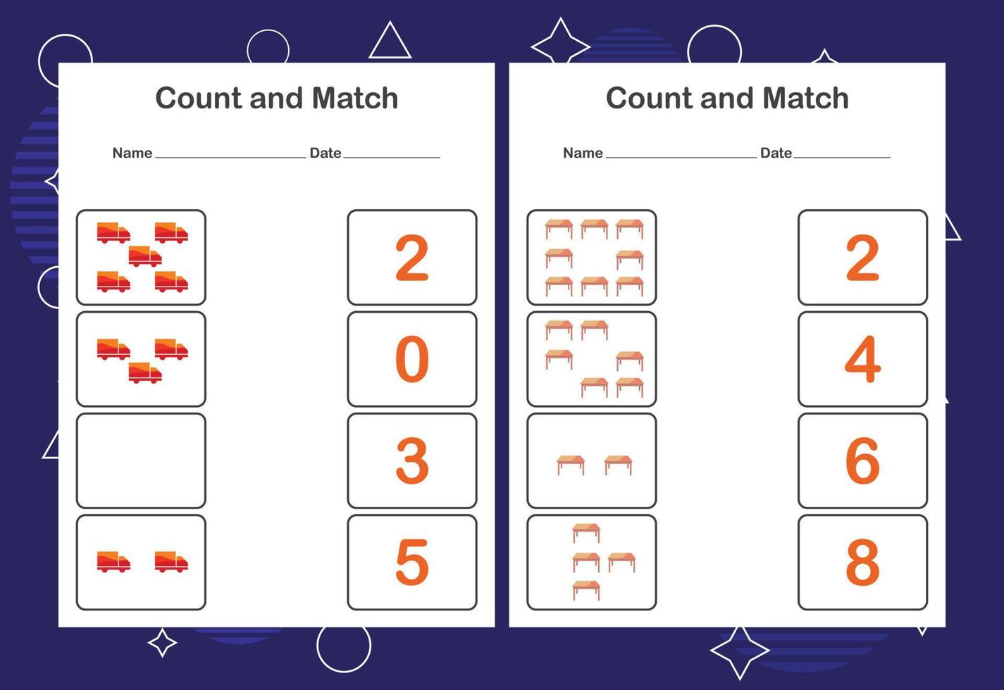 Count and Match worksheet for kids. Count and match with the correct number. Matching education game. vector