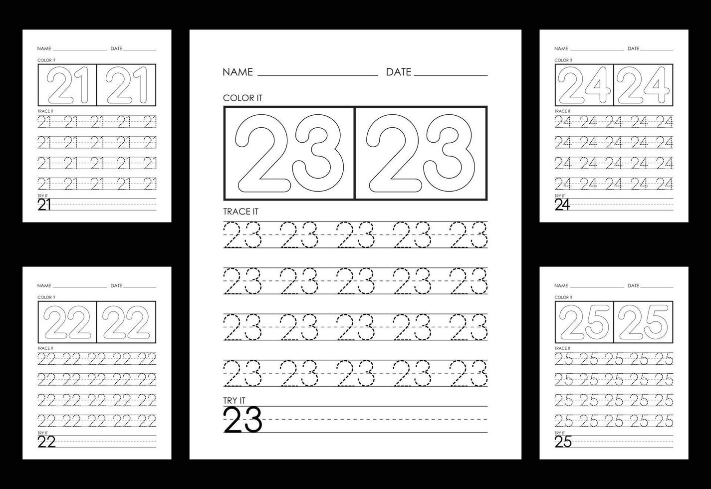 Tracing And Coloring Numbers Worksheets Learn Numbers. vector
