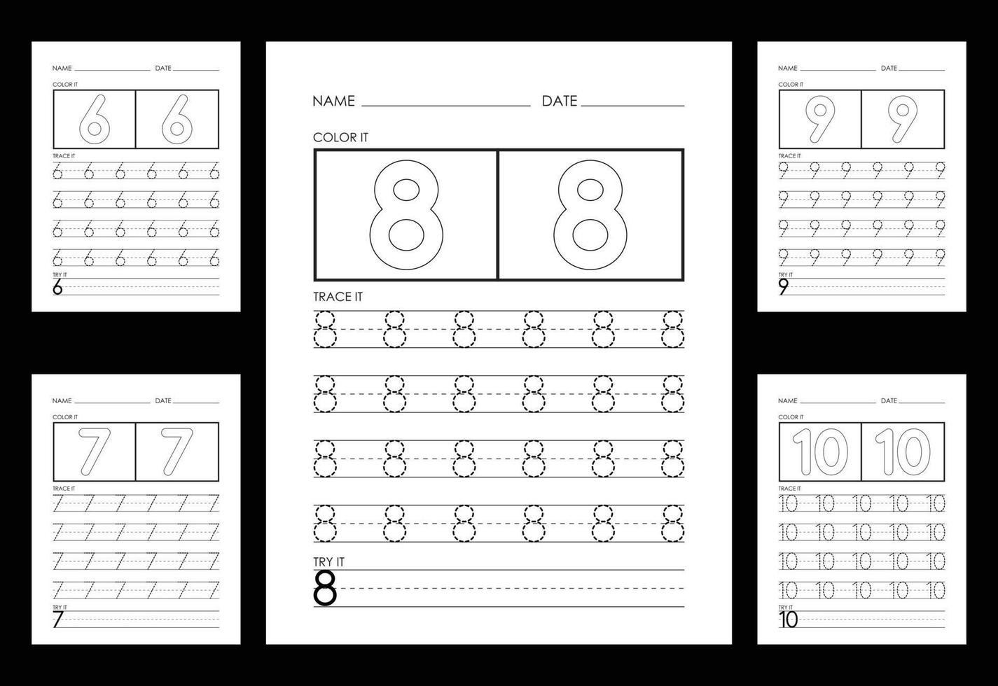 Tracing And Coloring Numbers Worksheets Learn Numbers. vector