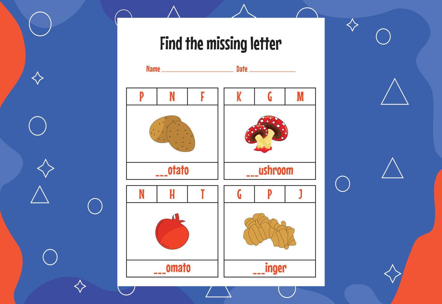 Find the missing letter. Education spelling worksheets for kids. Activity page vector