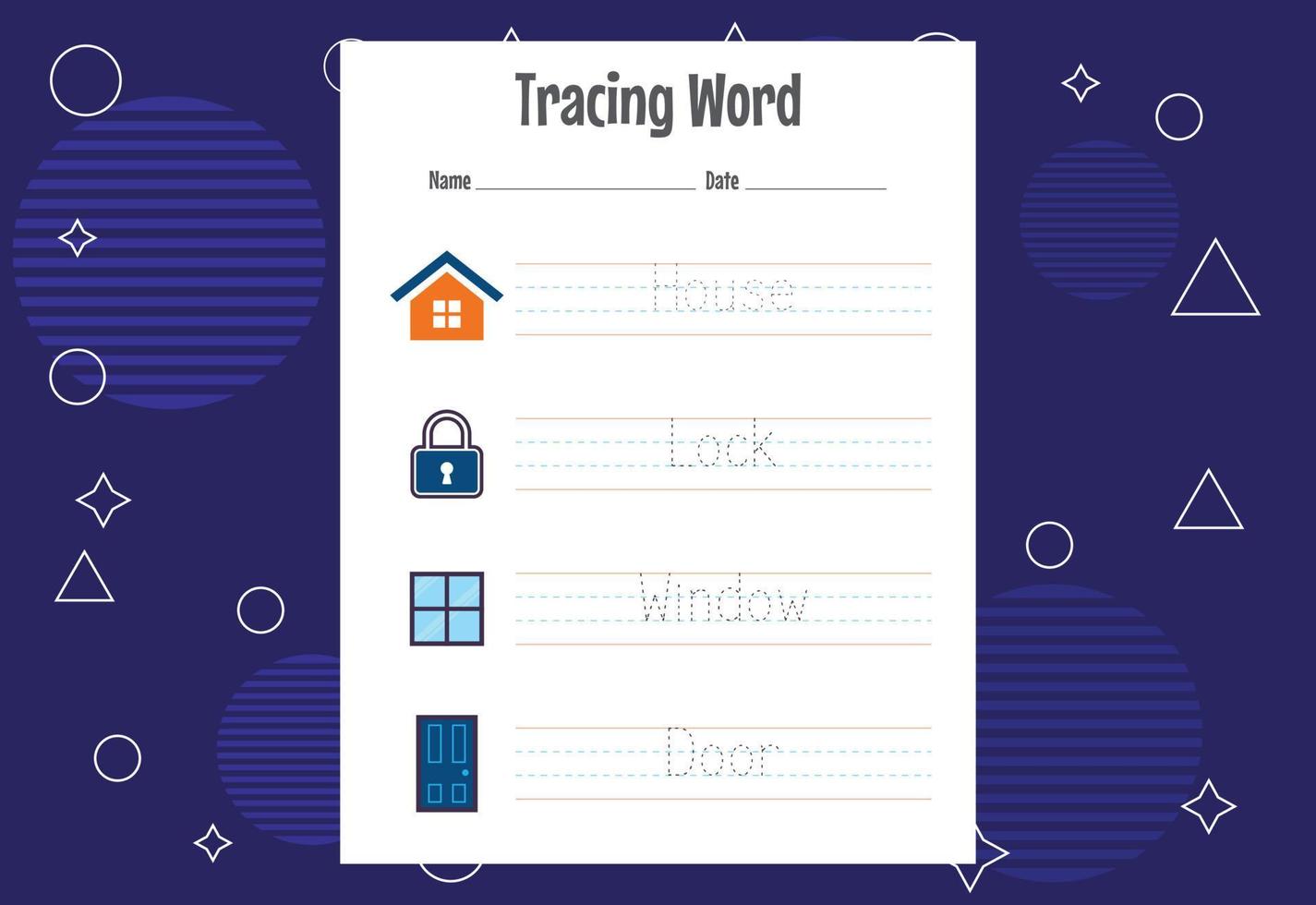 Word tracing worksheets for kids. Letters trace exercises for kids vector