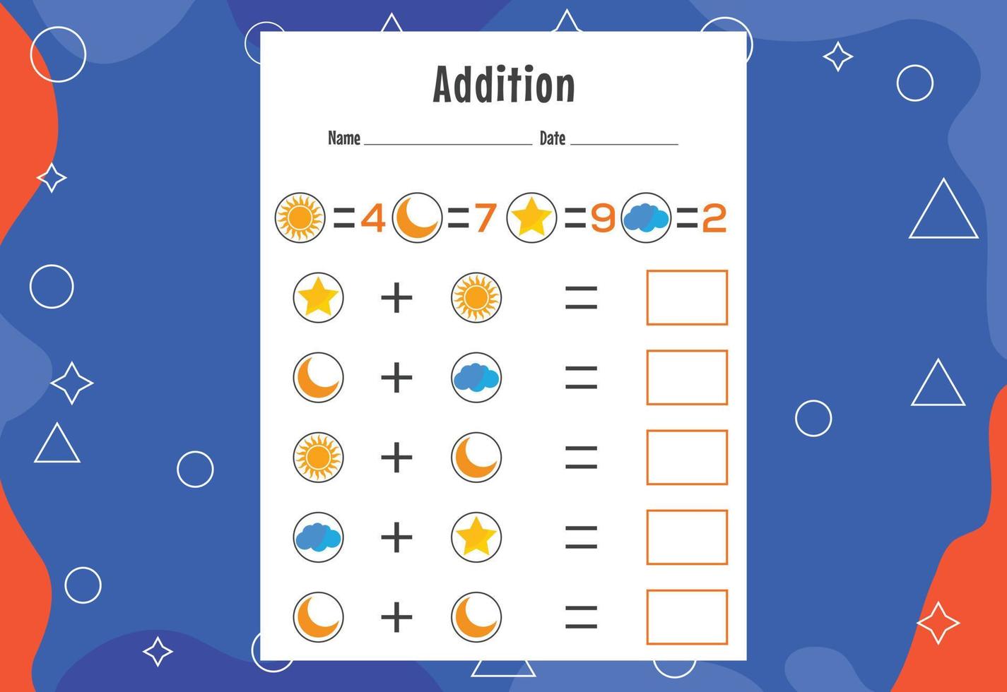 Addition with different elements for kids. An educational page for kids. Vector design