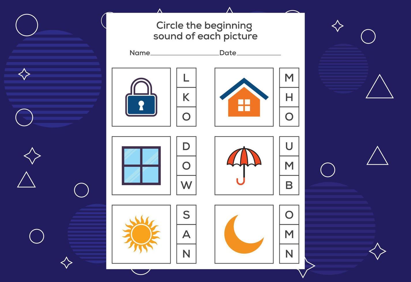 Circle the beginning sound of each picture. Educational game for kids vector