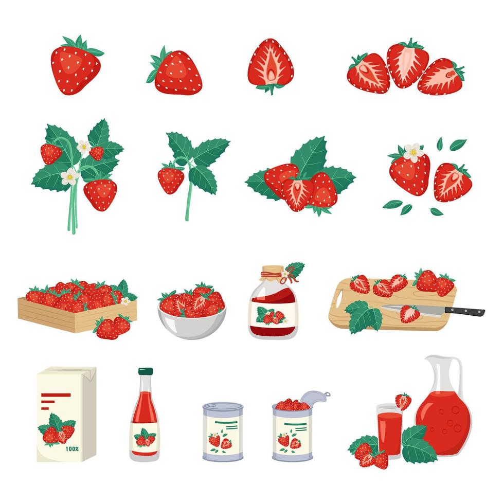 conjunto de fresas rojas y producto de él. bayas en caja, cuenco y tablero de madera, tarro de mermelada, envase, botella, vaso y jarra de jugo, latas con frutas. ilustración plana vectorial vector