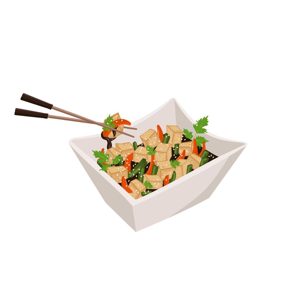 Fried tofu salad or soup with pepper, sesame and soy sauce. Asian dish for vegetarians and vegans. Vector flat food illustration.