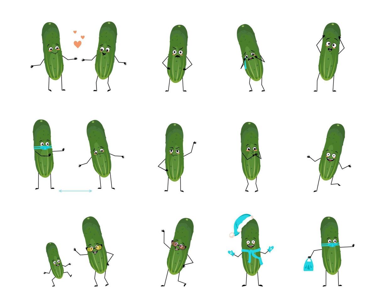 conjunto de personajes de pepino con emociones felices o tristes, pánico, cara, manos y piernas amorosas o valientes. persona con expresión, vegetal verde con máscara, gafas o sombrero. ilustración plana vectorial vector