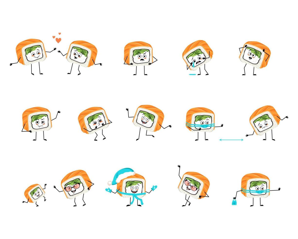 Set of sushi character with happy or sad emotions, panic, loving or brave face, hands and legs. Person with funny expression, asian food emoticon with mask, glasses or hat. Vector flat illustration