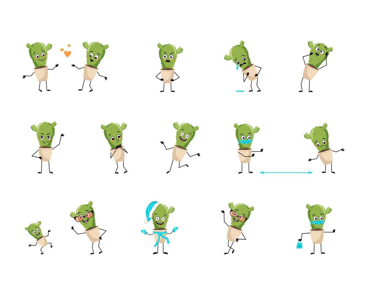 Set of cute cactus character in pot with happy or sad emotions, panic, loving or brave face, hands and legs. Houseplant with mask, glasses or hat. Vector flat illustration