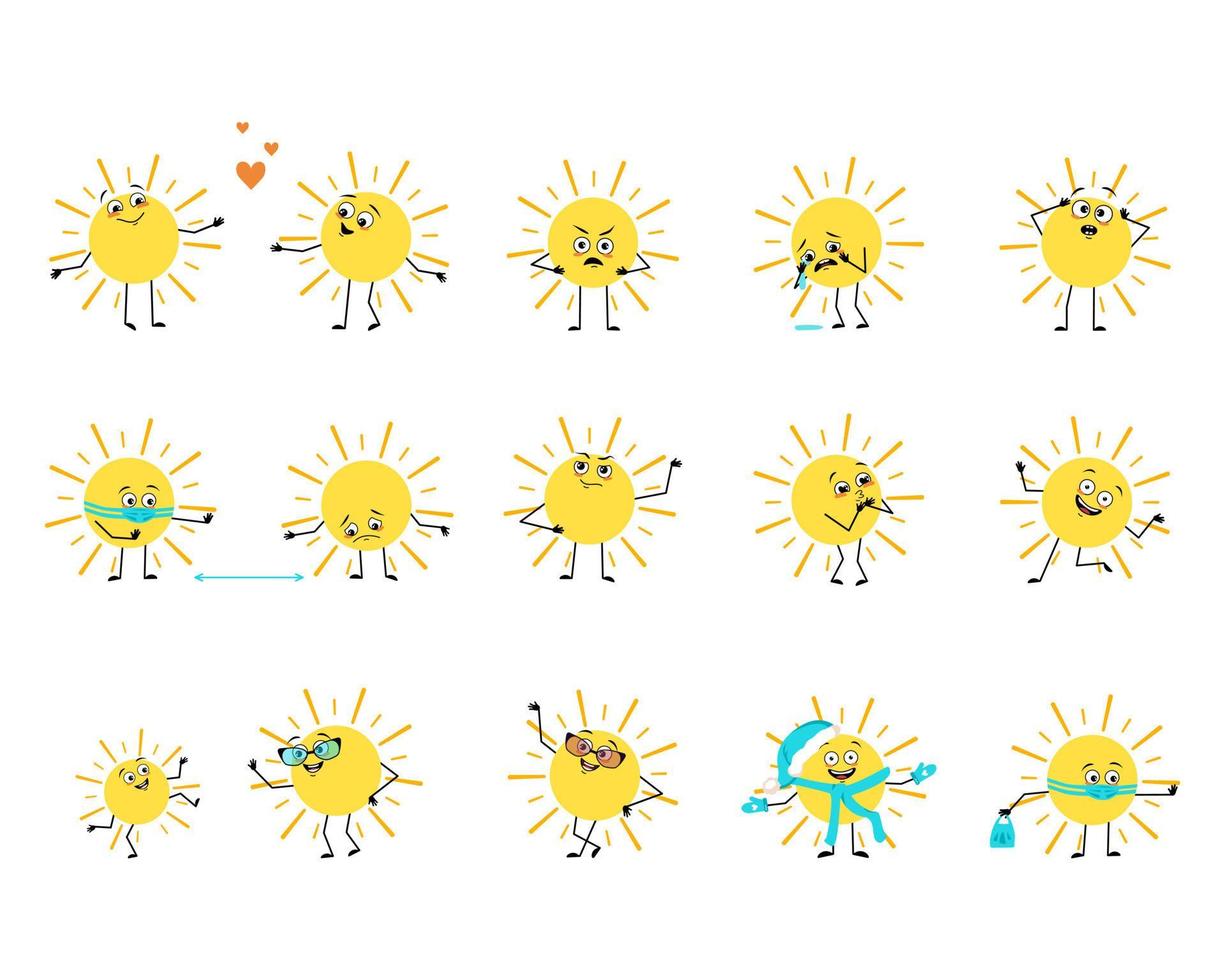 Cute sun character with happy or sad emotions, panic, loving or brave face, hands and legs. Person  with mask, glasses or hat. Vector flat illustration