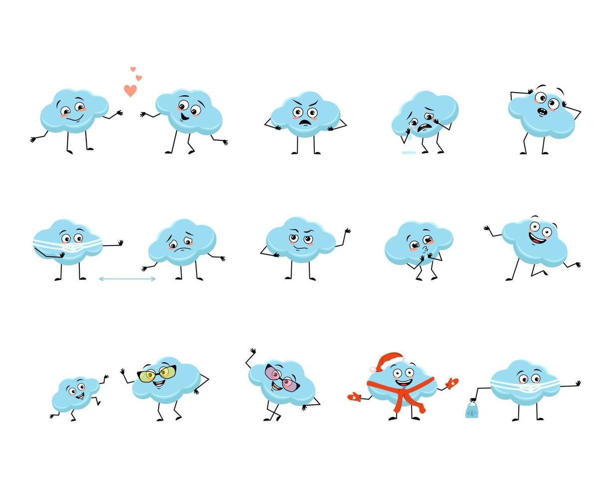 Cute cloud character with happy or sad emotions, panic, loving or brave face, hands and legs. Person with mask, glasses or hat. Vector flat illustration