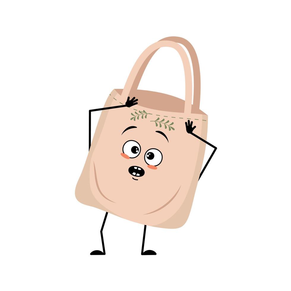 Cute character fabric bag with panic emotions, surprised face, shocked eyes, arms and legs. Shopper with scared face,  ecological alternative to plastic bag. Vector flat illustration