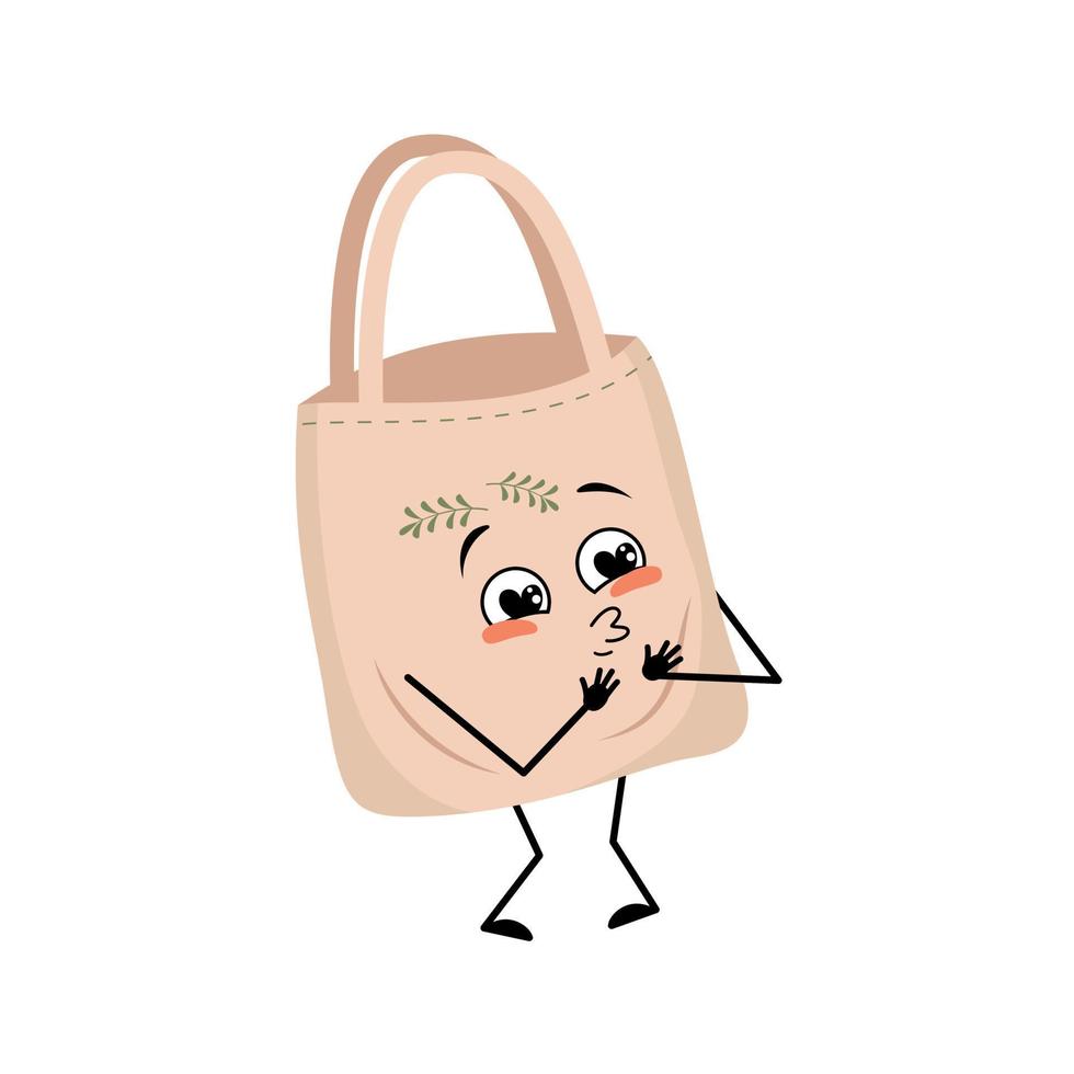 Cute character fabric bag with love emotions, smile face, arms and legs. Shopper with funny face,  ecological alternative to plastic bag. Vector flat illustration