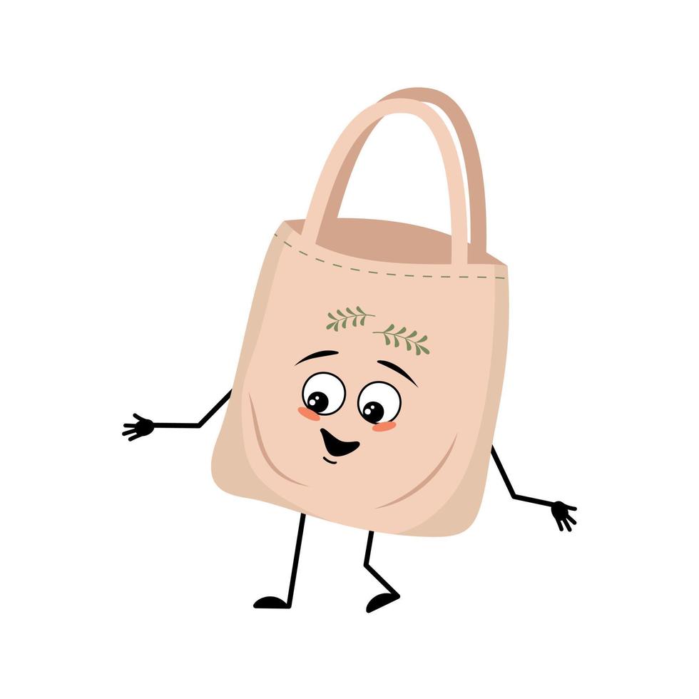 Cute character fabric bag with happy emotions, joyful face, smile eyes, arms and legs. Shopper with funny face,  ecological alternative to plastic bag. Vector flat illustration