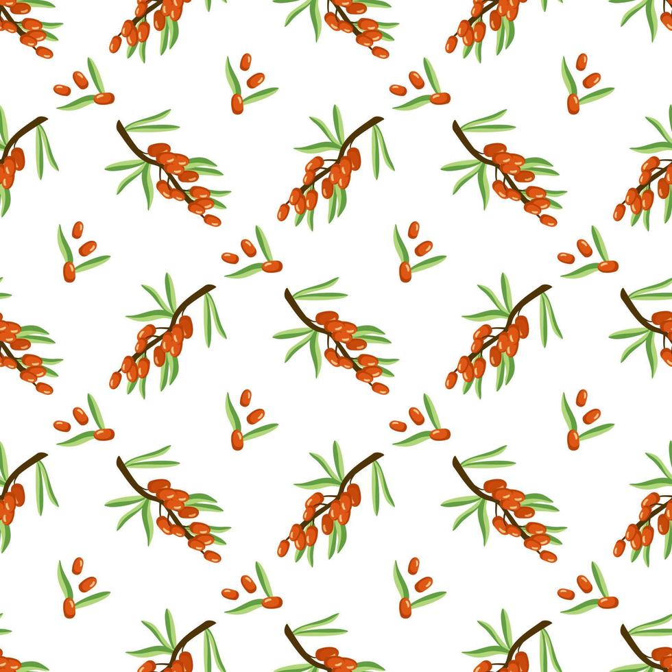 Seamless pattern with sea buckthorn on white background. Print of useful small orange berries on branch with leaf, summer or autumn harvest in garden. Vector flat illustration