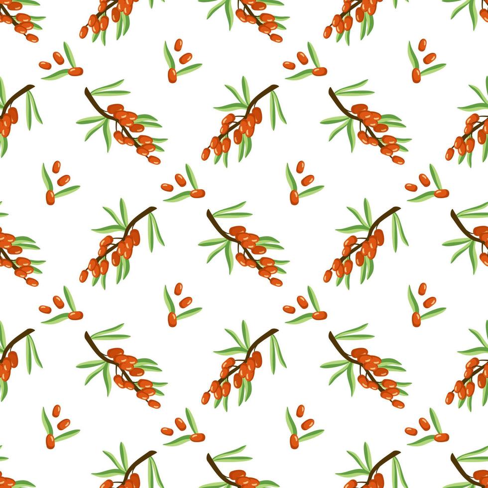 Seamless pattern with sea buckthorn on white background. Print of useful small orange berries on branch with leaf, summer or autumn harvest in garden. Vector flat illustration