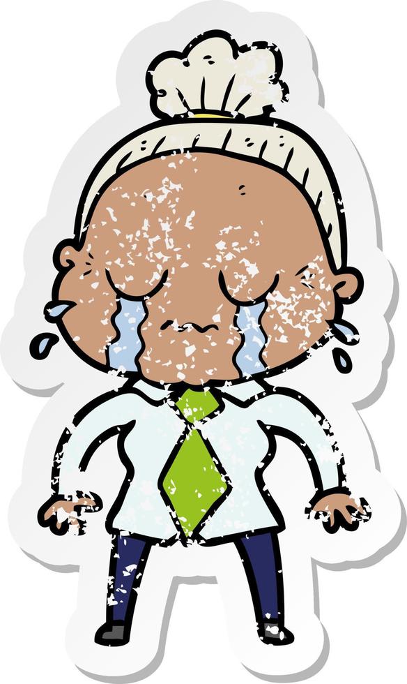 distressed sticker of a cartoon crying old lady vector