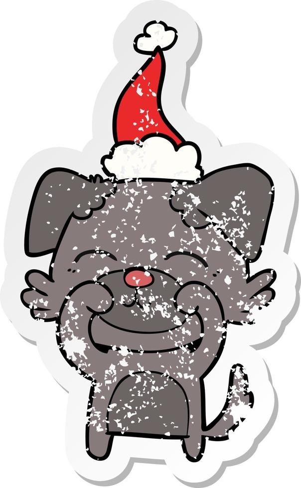 distressed sticker cartoon of a dog wearing santa hat vector