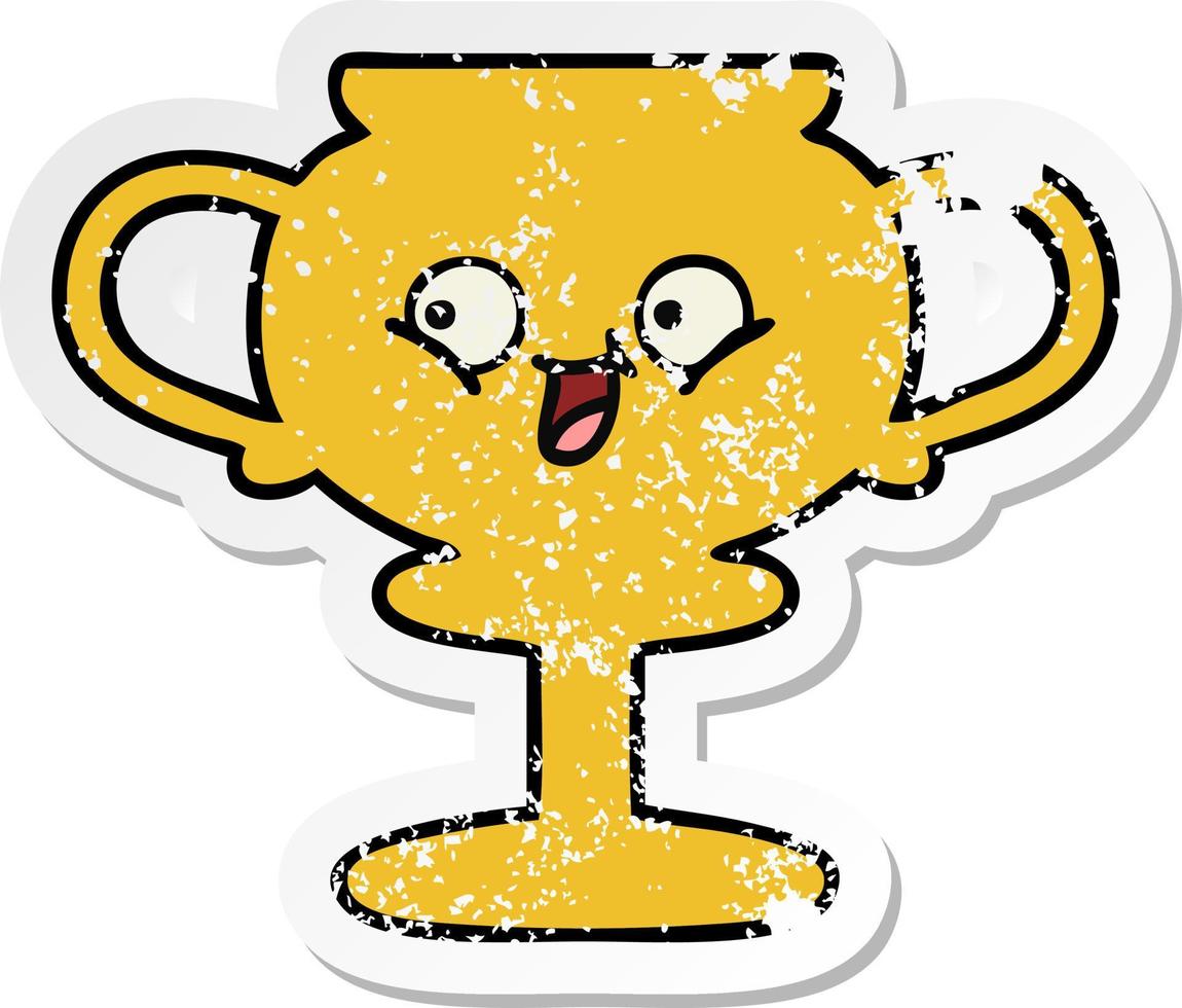 distressed sticker of a cute cartoon trophy vector