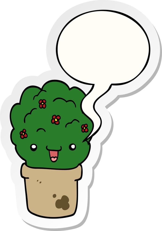 cartoon shrub in pot and speech bubble sticker vector