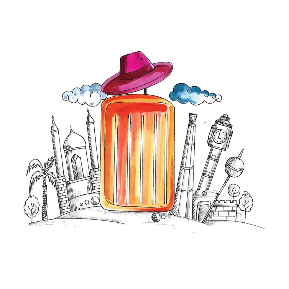 Watercolor luggage with sketch city and hat travel design vector