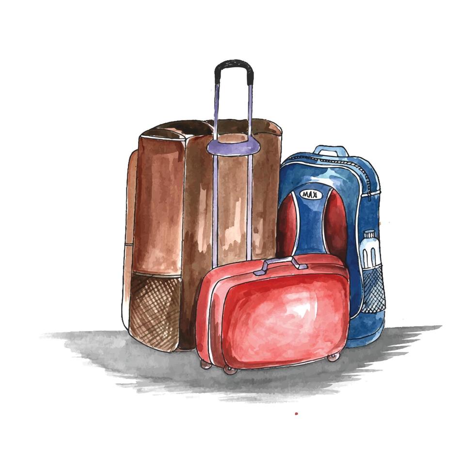 Hand draw traveling colorful watercolor luggage background vector