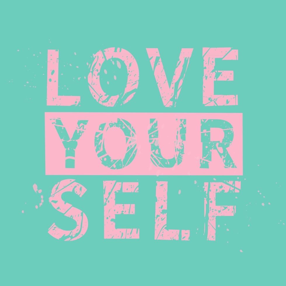 Love yourself. Feminism quote in trend color pink and turquoise, woman motivational slogan. Feminist saying. Phrase for posters, t-shirts and cards. vector