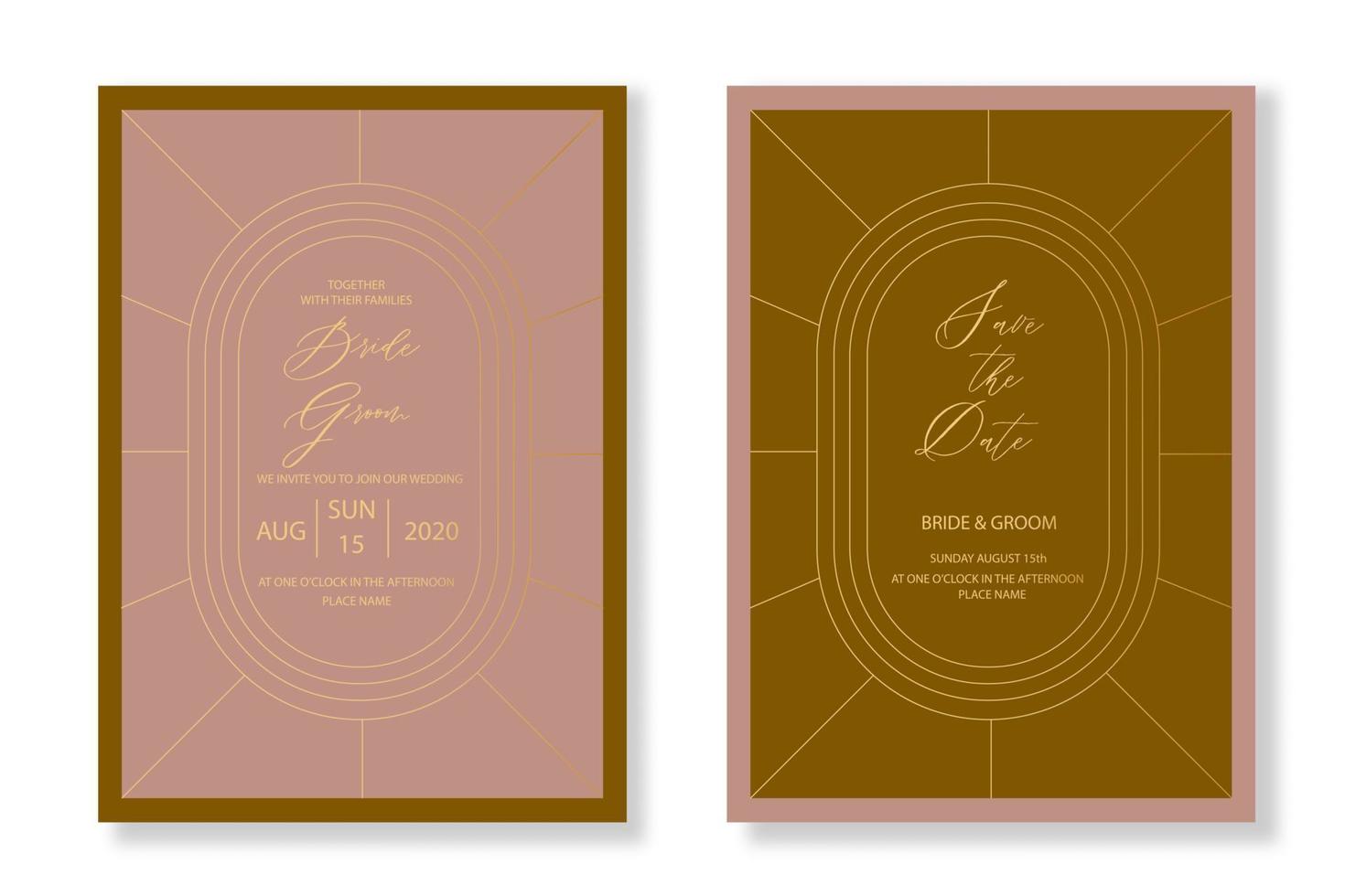 vector art deco y plantilla de invitación de boda vintage árabe con estilo de línea de marco de color dorado y arco doble para fiesta, tarjeta de felicitación.