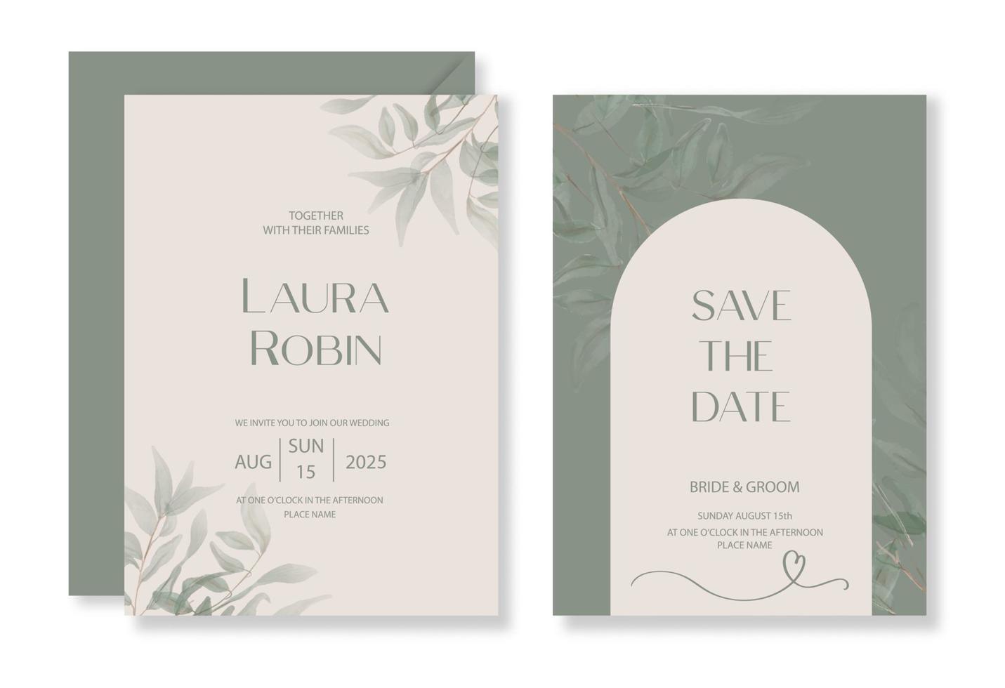 Botanical greenery wedding invitation template set with watercolor leaf and arch for party, greeting card. vector