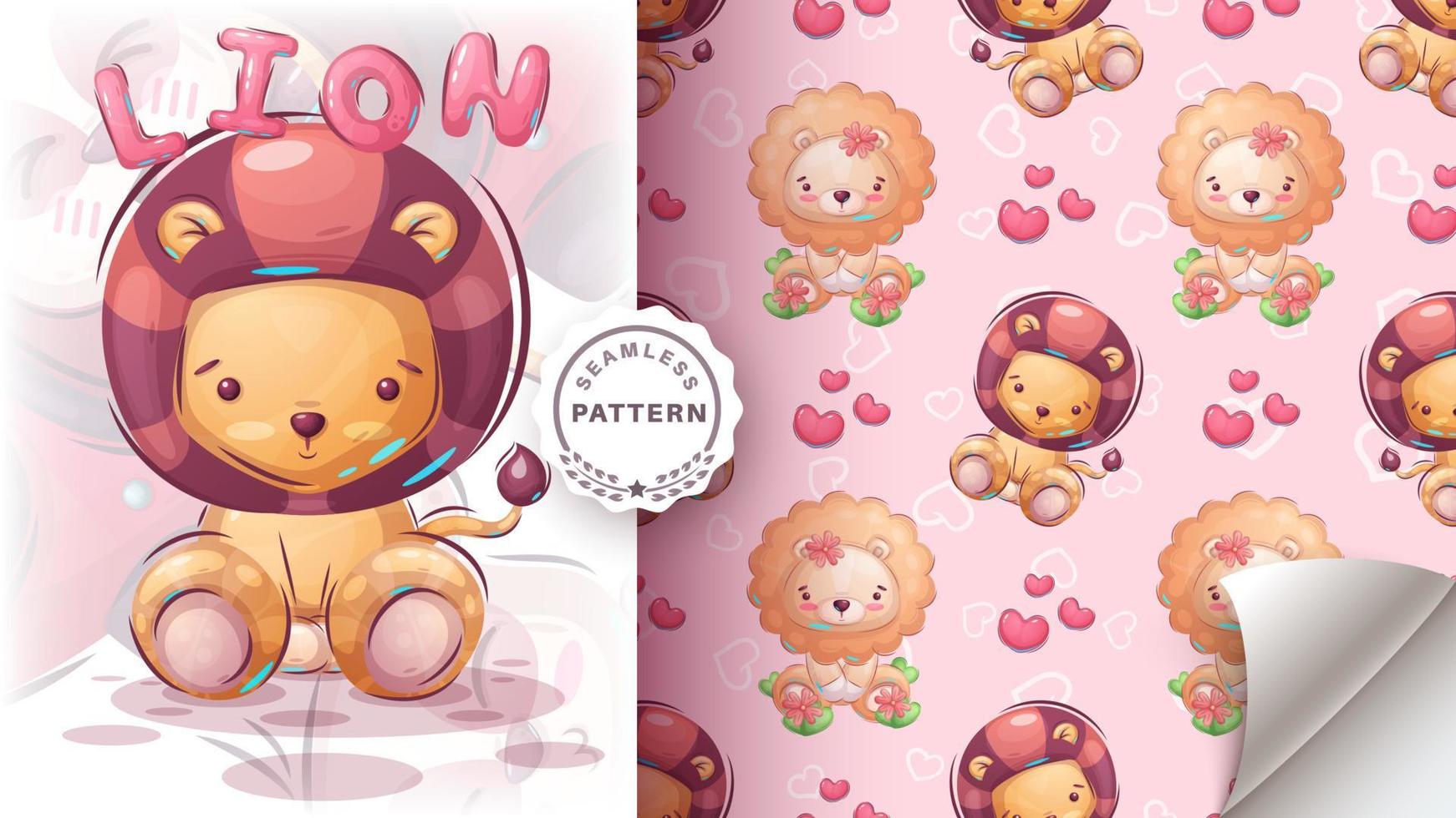 Cartoon character adorable baby lion, pretty animal idea for print t-shirt, poster and kids envelope, postcard. Cute hand drown animal - seamless pattern vector