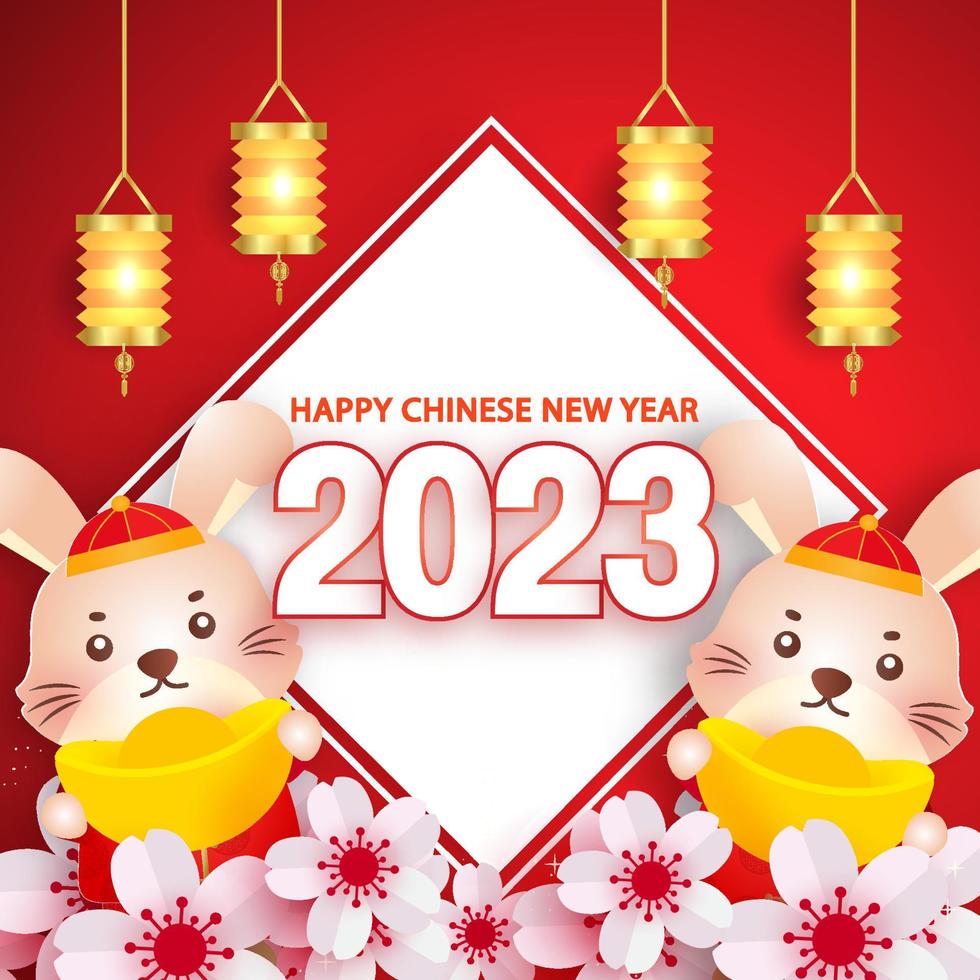 Happy New year 2023. Chinese New year rabbit Chinese horoscope sign.  Flowers and lanterns. Chinese background. Holiday Chinese banner. Red, gold  design, Stock vector