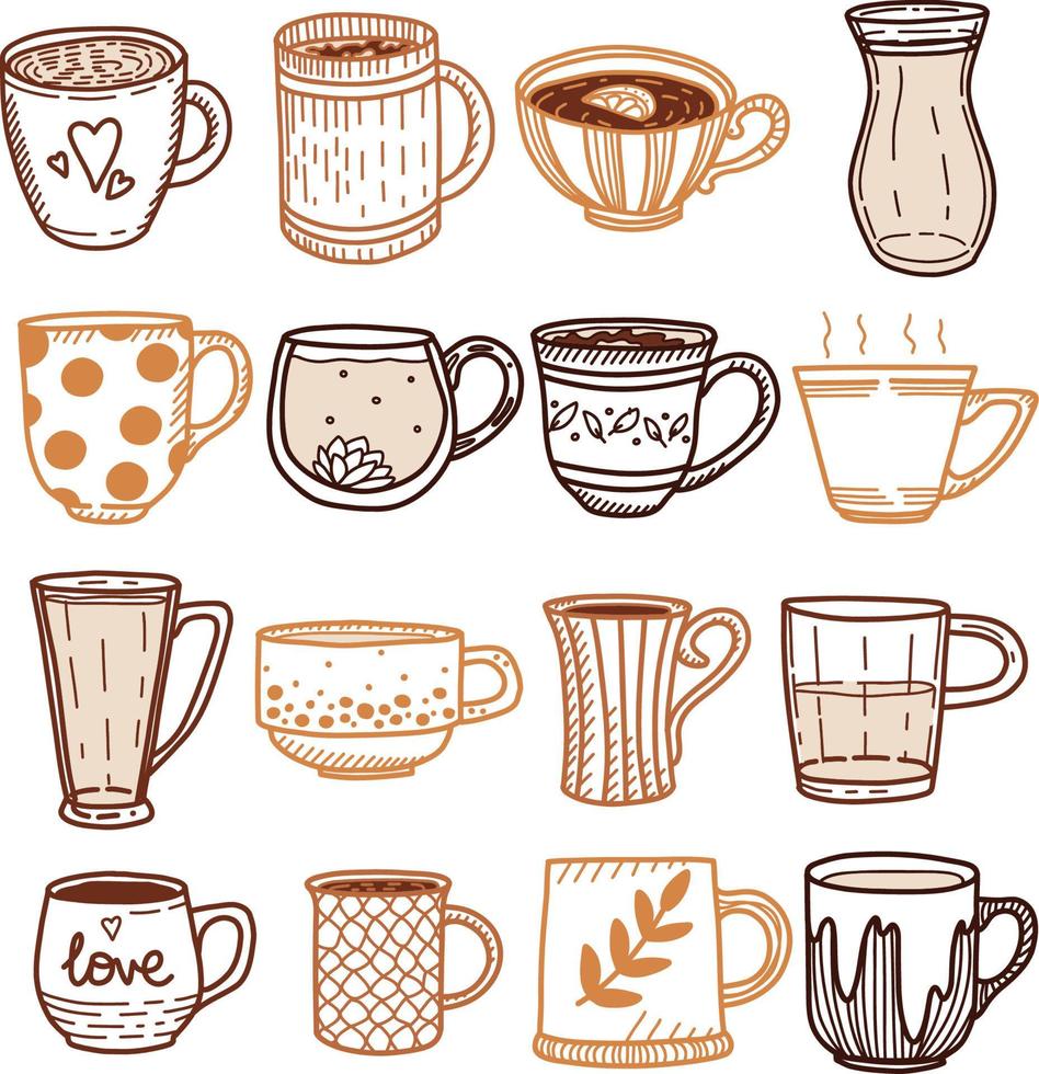 Collection of different doodle cups decorated with design elements. Vector set of colored mugs, filling drinks in warm yellow and brown colors isolation