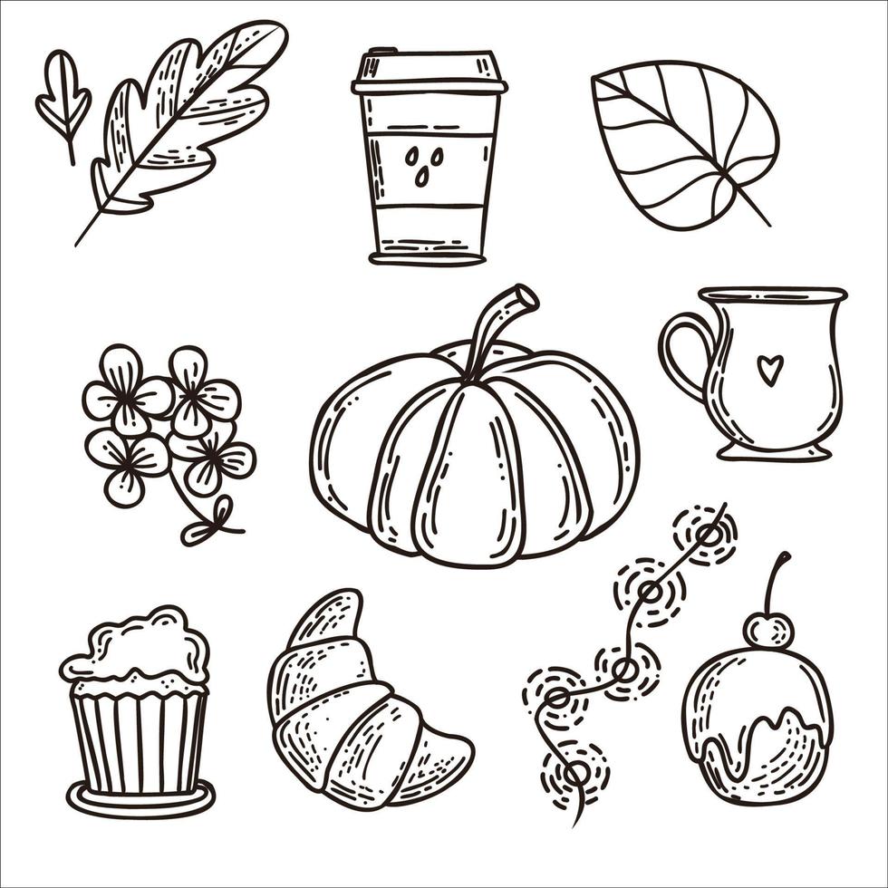 Autumn doodle elements in brown color, oak leaves, coffee cup, garland, cake with cherry, cupcake, teacup, pumpkin, flowers and croissant. Vector hand drawn set