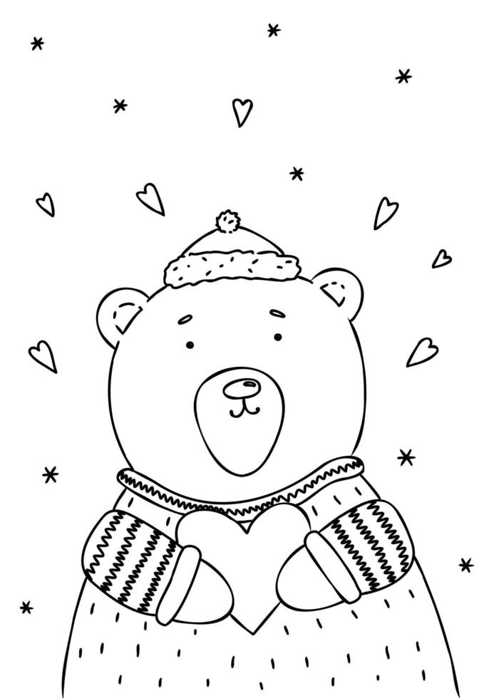 Christmas Bear and Snowflake Coloring Page. Black and white cartoon illustration vector